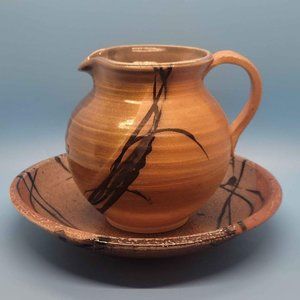 Studio pottery Glazed Ceramic pitcher and bowl.